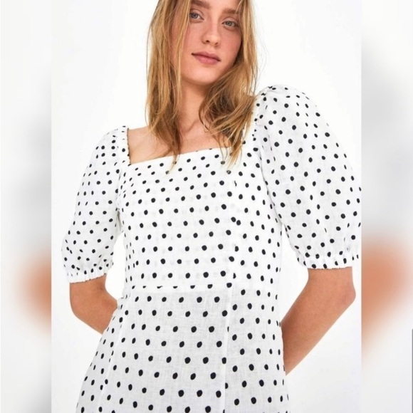 NWT Farm Rio 100% Linen Black & White Polka Dot Puff Sleeve Smocked Back Dress - Picture 2 of 10